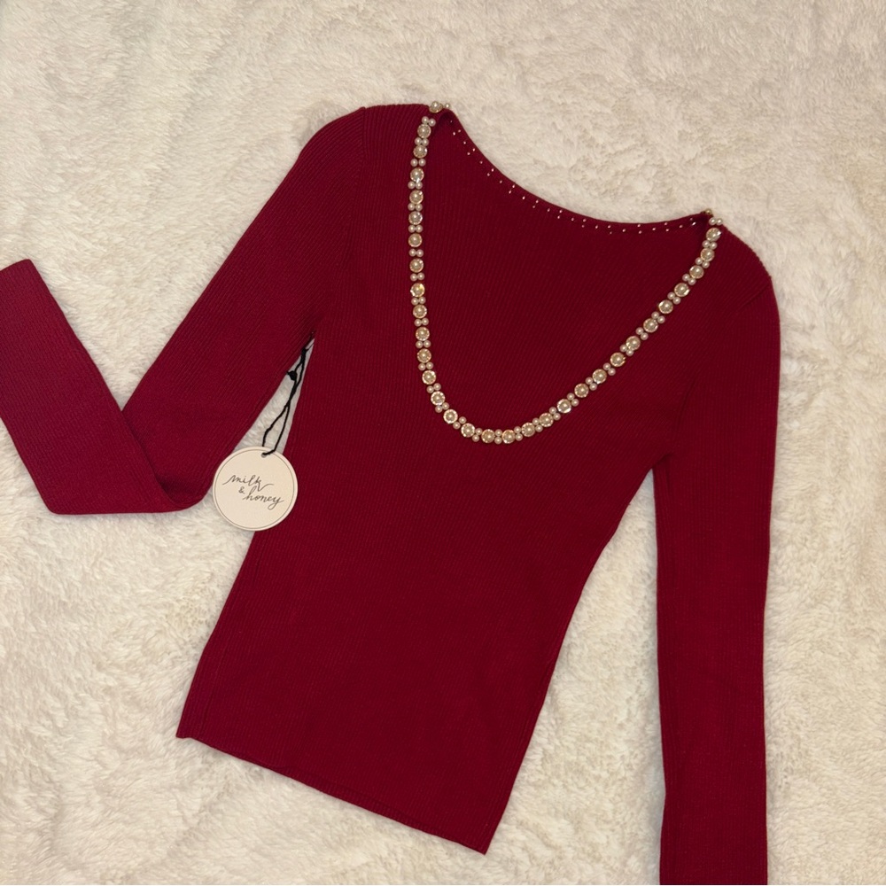 Chic Red Embellished Long Sleeve Sweater